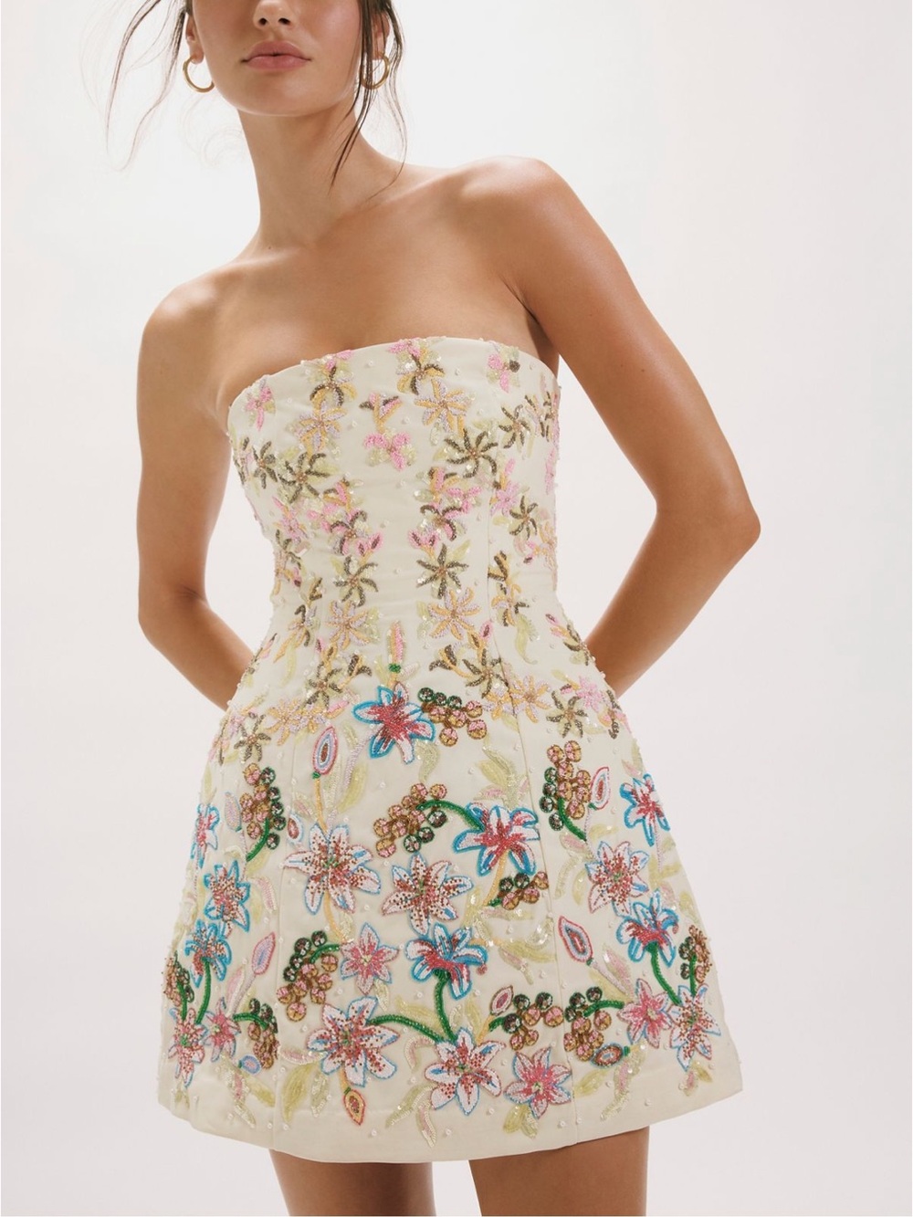 La Fuori Solar Petal Embroidered Floral Strapless Mini Dress size large